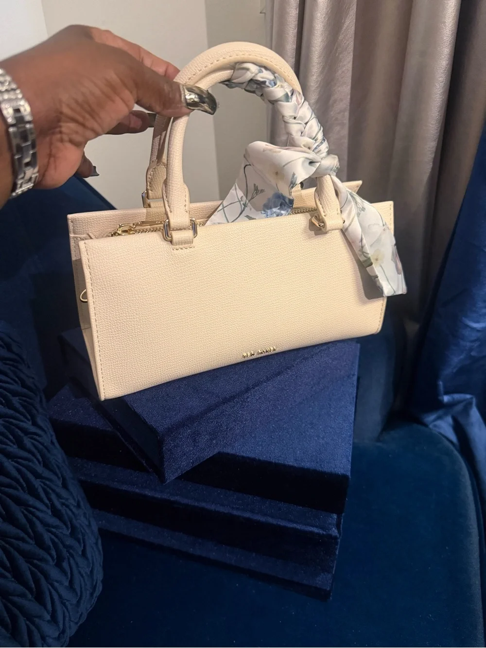Ted Baker Cream Pebbled Top-Handle Satchel with Floral Scarf Accent